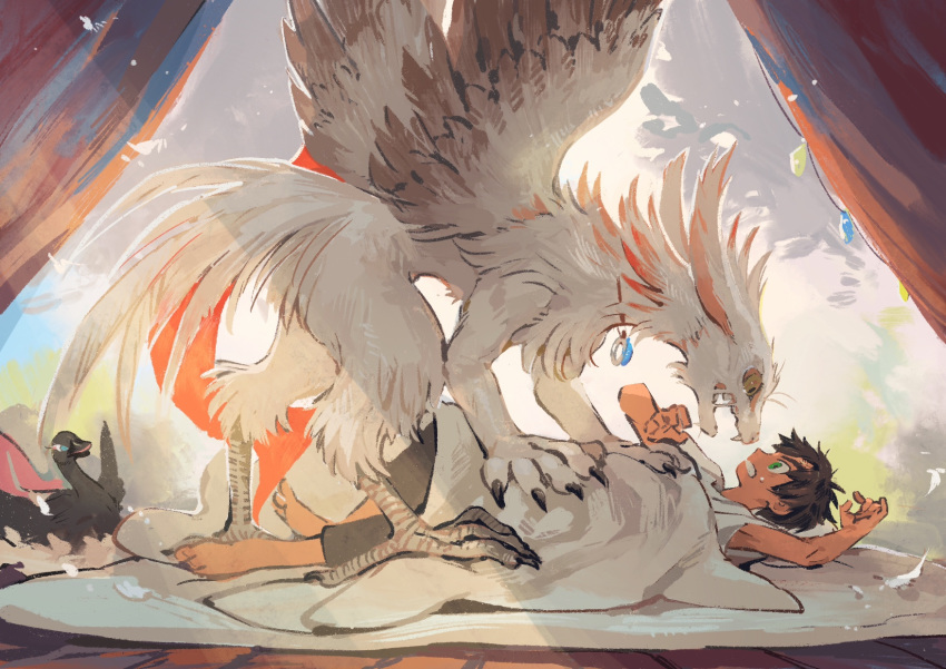 1boy, akaneko_(redakanekocat), bahar_(pixiv_fantasia_age_of_starlight), barefoot, bed_sheet, bird, black_hair, duck, green_eyes, highres, jewelry, kanmuri_(pixiv_fantasia_age_of_starlight), lying, male_focus, necklace, odile_(pixiv_fantasia_age_of_starlight), on_back, on_bed, open_mouth, pixiv_fantasia, pixiv_fantasia_age_of_starlight, sketch, wings, yellow_eyes