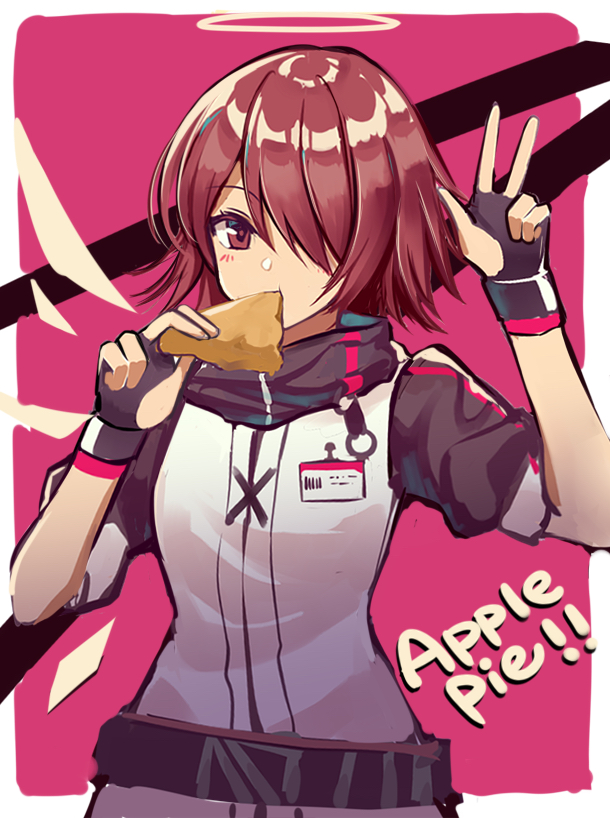 1girl, apple_pie, arknights, black_gloves, blush, breasts, cowboy_shot, detached_wings