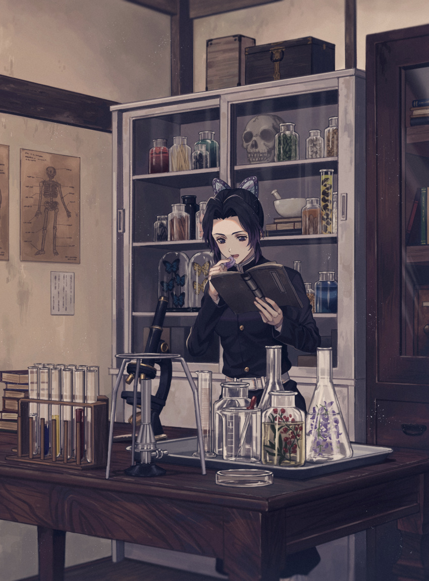 1girl, anatomy, bangs, beaker, belt, black_coat, black_hair, black_pants, book_stack, box, breasts, bug, bunsen_burner, butterfly, butterfly_hair_ornament, cabinet, coat, cowboy_shot, flower, forehead, gradient_hair, graduated_cylinder, hair_ornament, highres, humiyooo, indoors, insect, kimetsu_no_yaiba, kochou_shinobu, laboratory, lips, long_sleeves, medium_breasts, microscope, multicolored_hair, notebook, open_mouth, pants, parted_bangs, petri_dish, pipette, poster_(object), purple_hair, reading, short_hair, skull, solo, standing, table, taxidermy, test_tube, two-tone_hair, uniform, violet_eyes, wooden_table