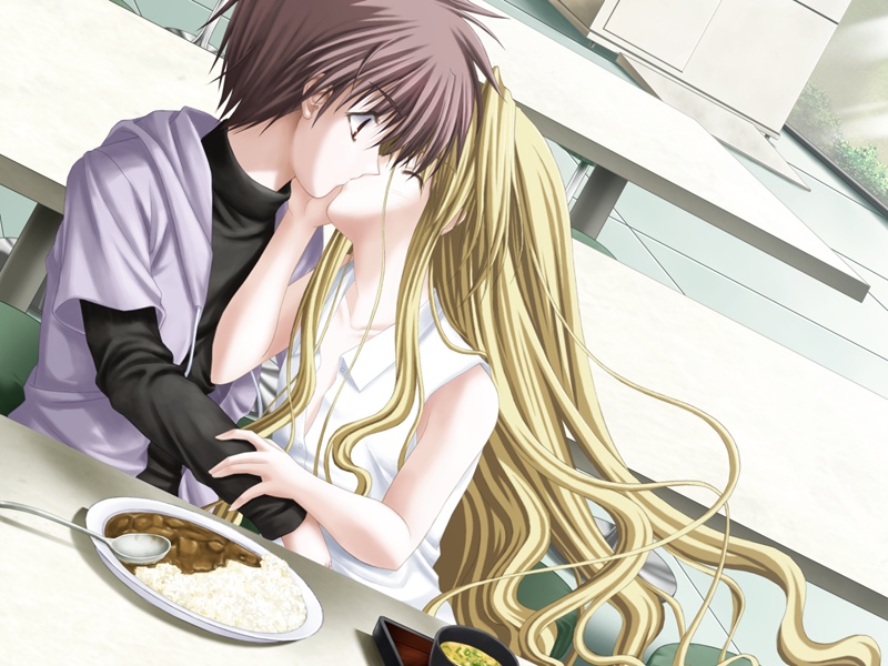1girl, araki_maki, arm_grab, atemiya_shinobu, bangs, blonde_hair, bowl, brown_hair, closed_eyes, couple, curry, dutch_angle, flat_chest, food, game_cg, gene_blanchett, grey_hair, hand_on_another's_face, hood, hoodie, kiss, long_hair, open_clothes, open_shirt, red_eyes, rice, saihate_no_ima, shirt, short_hair, sitting, sleeveless, sleeveless_shirt, spiked_hair, spoon, table, turtleneck, very_long_hair, wavy_hair, window