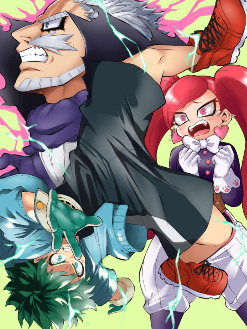 1girl, 2boys, aiba_manami, al_bhed_eyes, aura, beard, black_shorts, boku_no_hero_academia