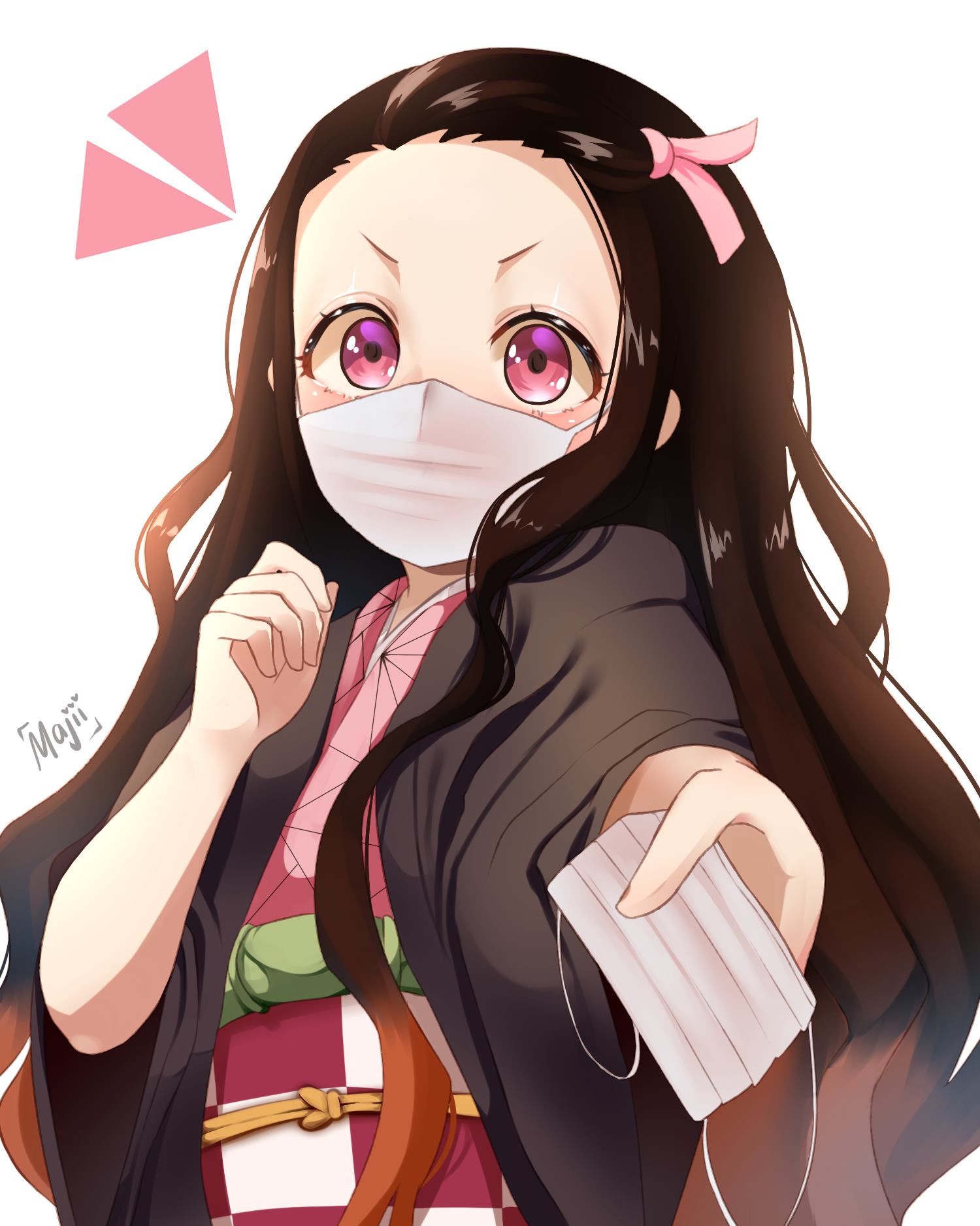 1girl, coronavirus, coronavirus_pandemic, forehead, hair_ribbon, highres, japanese_clothes, kamado_nezuko