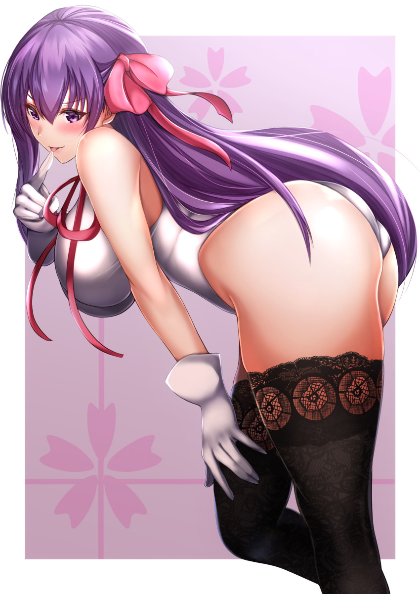 1girl, ass, bangs, bb_(fate)_(all), bb_(fate/extra_ccc), black_legwear, blush, border