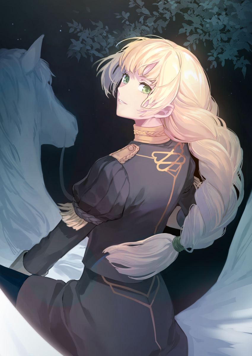 1girl, absurdres, bangs, black_skirt, braid, dark_background, fire_emblem, fire_emblem:_three_houses