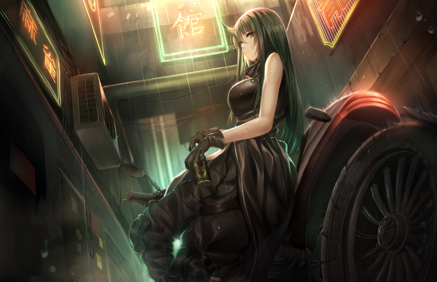 1girl, alcohol, arknights, bangs, beer, beer_can, black_gloves, black_jacket