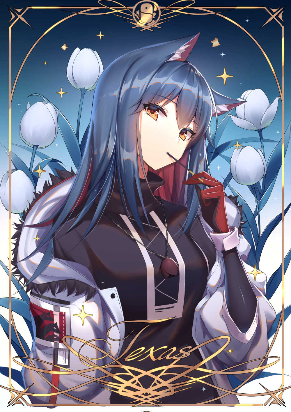 1girl, animal_ear_fluff, animal_ears, arknights, bangs, black_shirt, blue_hair, breasts