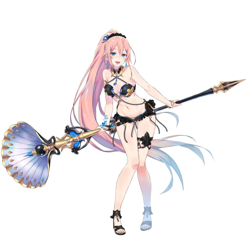 1girl, bikini, blue_eyes, bracelet, full_body, high_ponytail, highres, holding