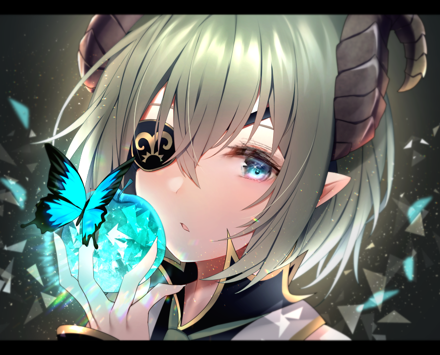 1girl, apple, blue_eyes, bug, butterfly, close-up, eyelashes, eyepatch