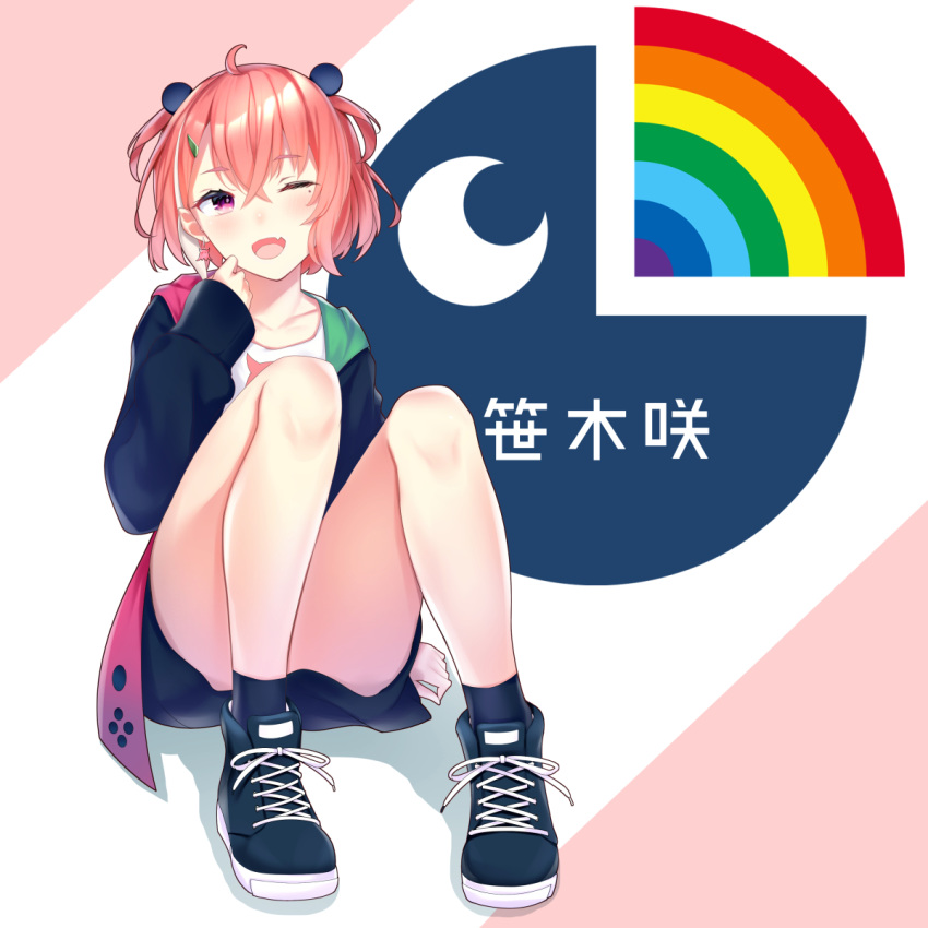1girl, ahoge, animal_ears, bare_legs, black_hoodie, blue_footwear, blue_legwear, character_name