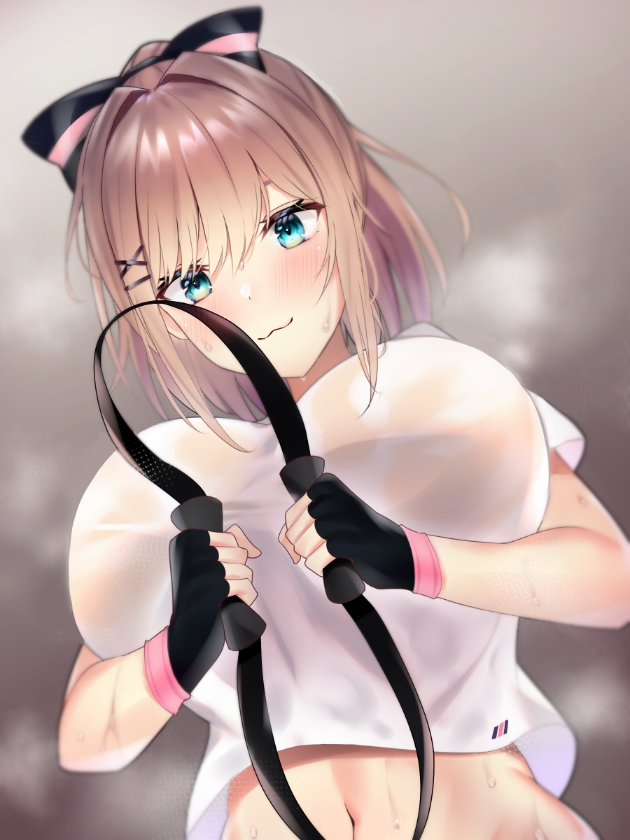 1girl, :3, black_bow, black_gloves, blue_eyes, blush, bow, brown_hair