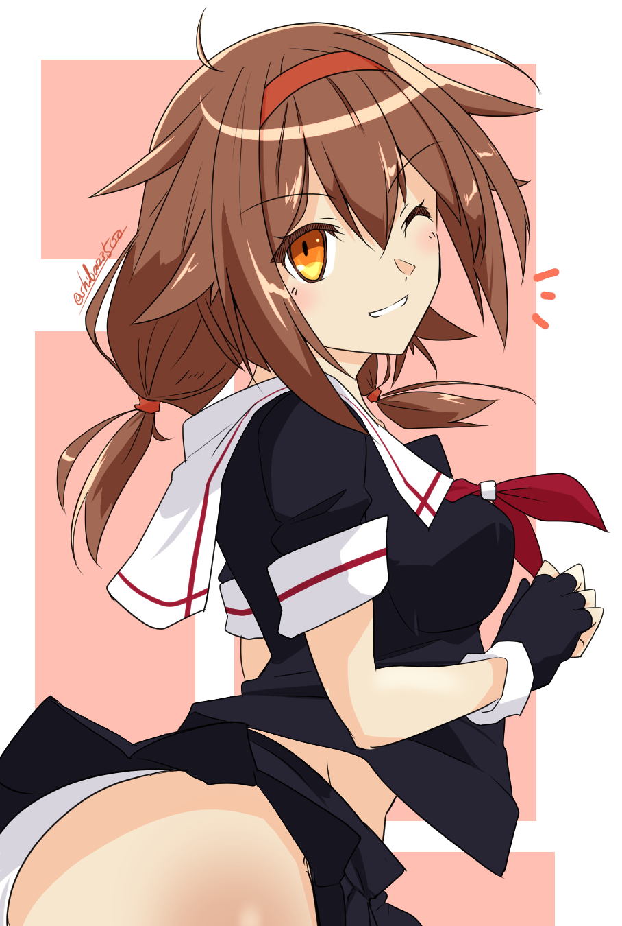 1girl, alternate_hairstyle, black_gloves, black_serafuku, black_skirt, brown_eyes, brown_hair, cowboy_shot, fingerless_gloves, gloves, grin, hairband, highres, kantai_collection, long_hair, low_twintails, panties, pleated_skirt, red_hairband, school_uniform, serafuku, shiba_(zudha), shiratsuyu_(kantai_collection), skirt, smile, solo, twintails, twitter_username, two-tone_background, underwear, white_panties
