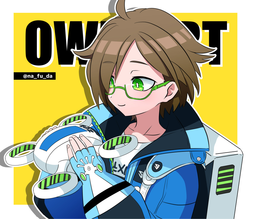 1boy, absurdres, ahoge, bag, bangs, blue_gloves, blue_jacket, border