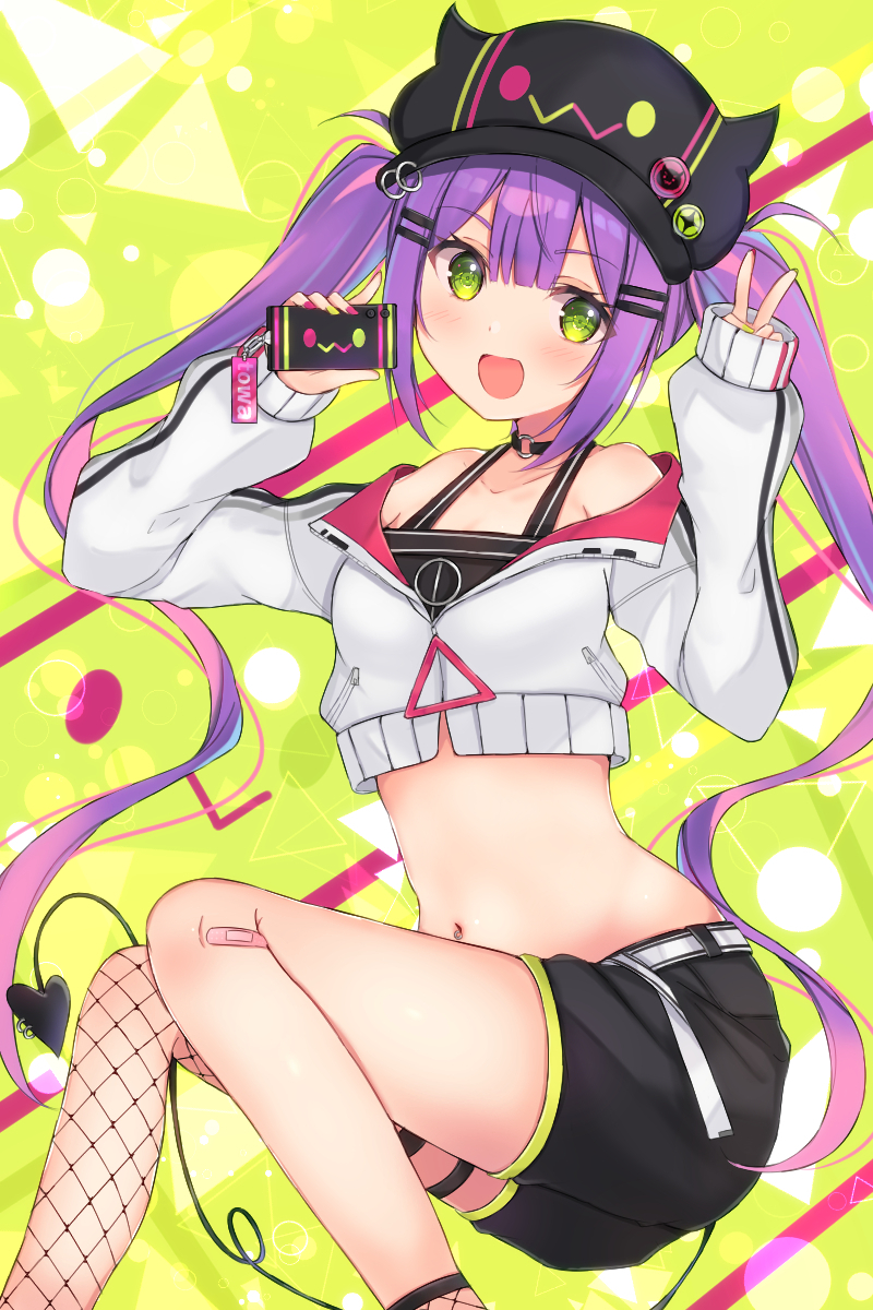 1girl, asymmetrical_legwear, bandaid_on_leg, bare_shoulders, belt, black_choker, black_headwear, black_shorts