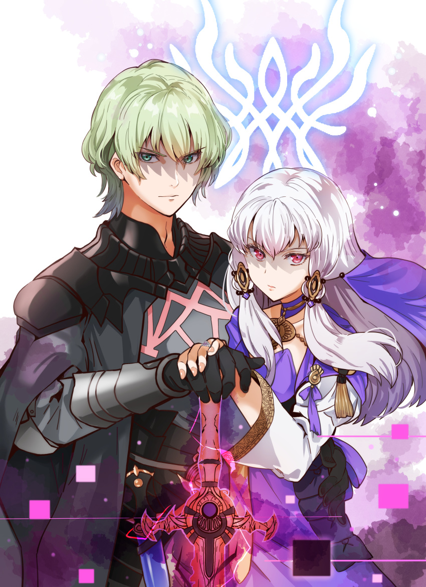 1boy, 1girl, absurdres, byleth_(fire_emblem), byleth_eisner_(male), cloak, dress, emblem