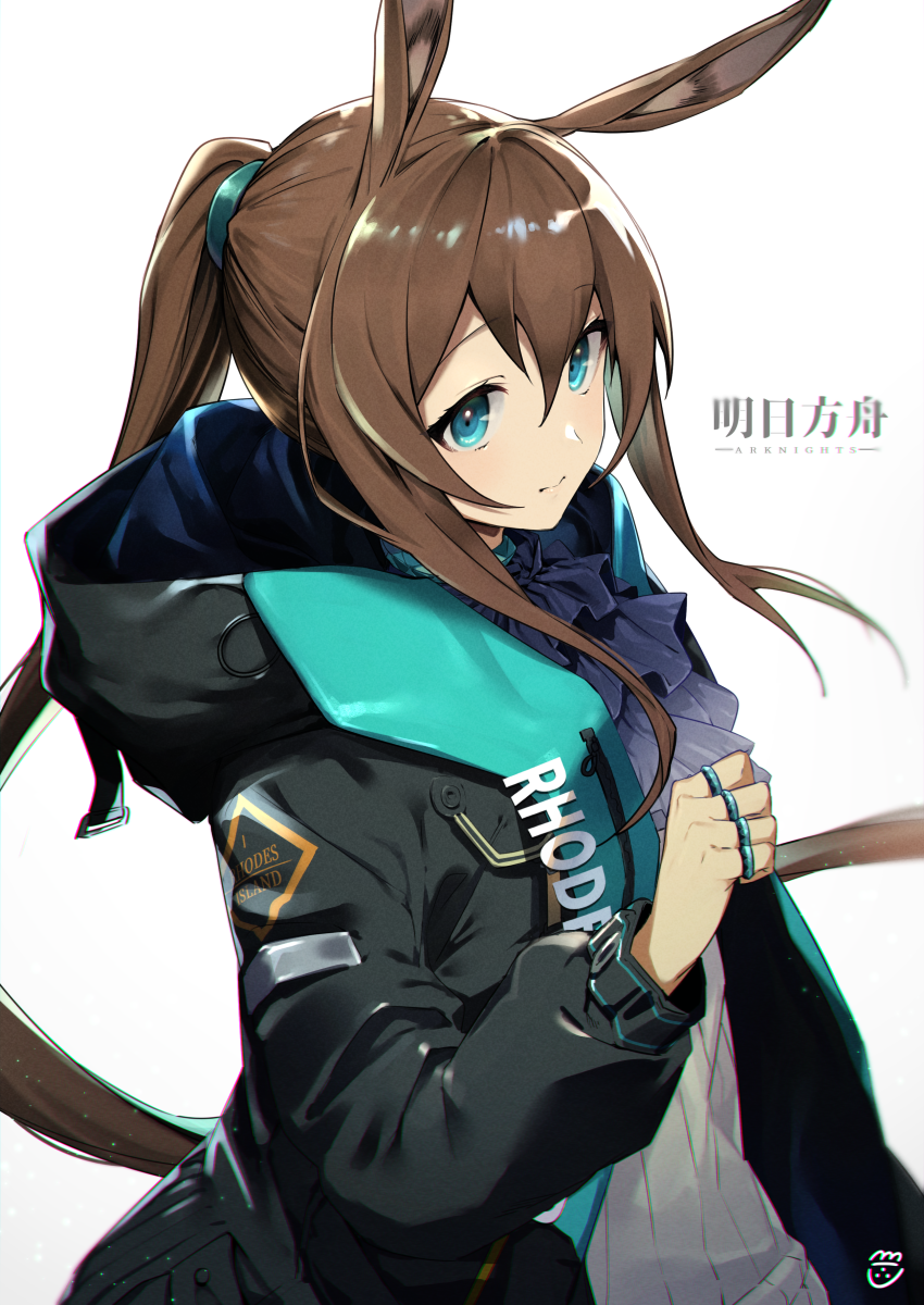 1girl, amiya_(arknights), animal_ears, arknights, ascot, bangs, black_jacket, blue_eyes, brown_hair, closed_eyes, clothes_writing, collar, commentary_request, copyright_name, cowboy_shot, english_text, eyebrows_visible_through_hair, feb_itk, frilled_ascot, frilled_collar, frills, hair_between_eyes, hand_up, highres, hood, hood_down, hooded_jacket, jacket, jewelry, long_hair, long_sleeves, looking_at_viewer, multiple_rings, neck_ring, open_clothes, ponytail, puffy_sleeves, rabbit_ears, ring, shirt, sidelocks, simple_background, solo, very_long_hair, white_background, white_shirt