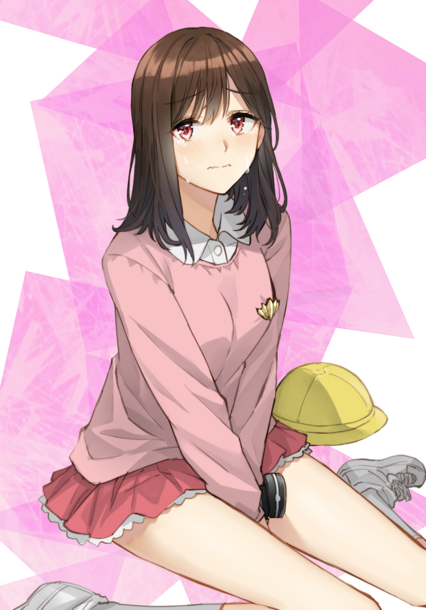 1girl, bangs, between_legs, blush, breasts, brown_hair, closed_mouth, collared_shirt
