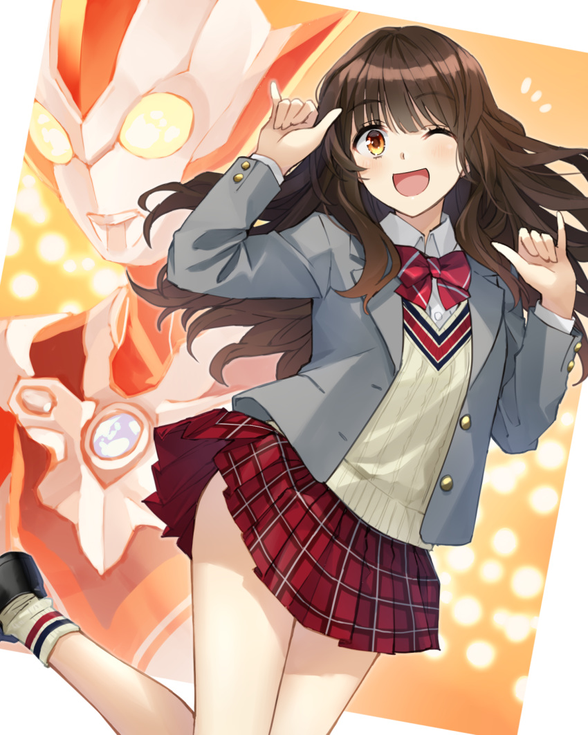 1girl, ;d, arm_up, bangs, black_footwear, blazer, blush, bow