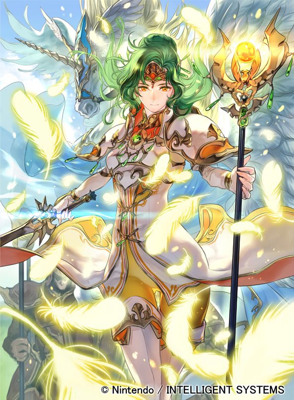 1girl, armor, closed_mouth, company_name, copyright_name, dress, elincia_ridell_crimea, feathers