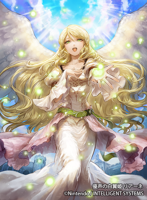 blonde_hair, blue_sky, clouds, company_name, copyright_name, dress, feathered_wings, fire_emblem, fire_emblem:_path_of_radiance, fire_emblem_cipher, green_eyes, leanne_(fire_emblem), long_hair, long_sleeves, official_art, open_mouth, sky, uroko_(mnr), white_wings, wings