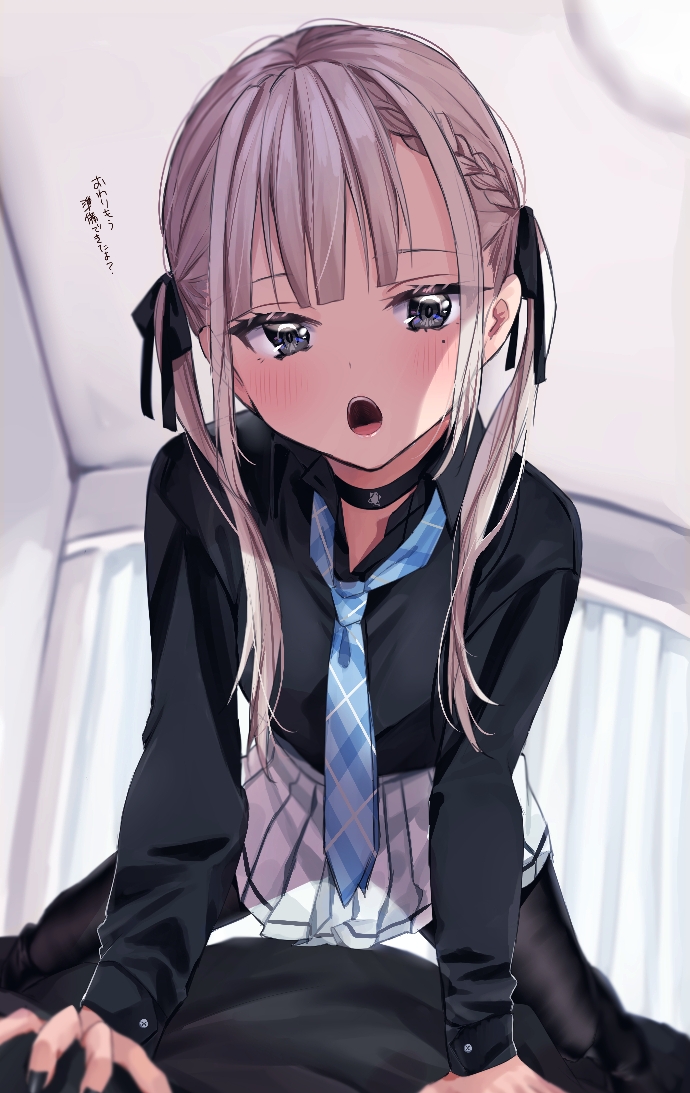1boy, 1girl, bangs, bedroom, black_choker, black_legwear, black_nails, black_ribbon