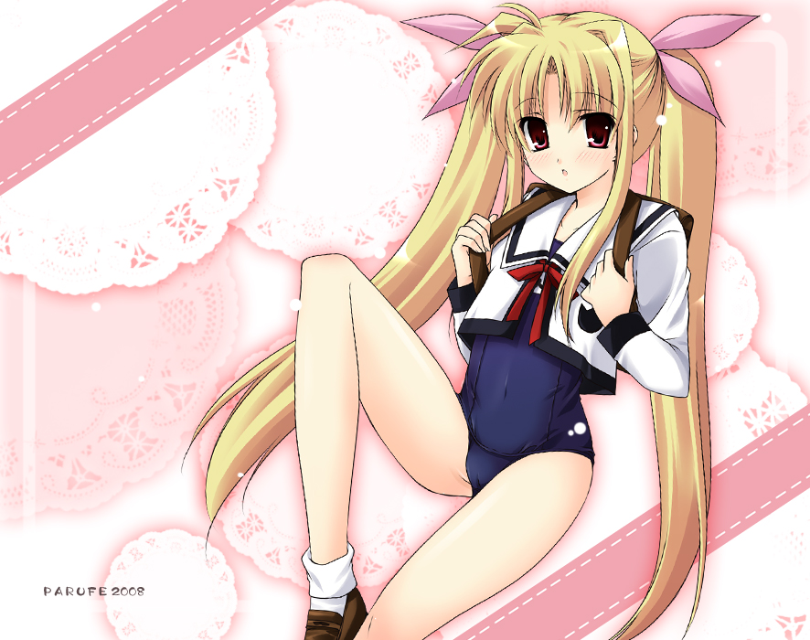 blonde_hair, fate_testarossa, hayashi_sakura, long_hair, mahou_shoujo_lyrical_nanoha, no_pants, one-piece_swimsuit, red_eyes