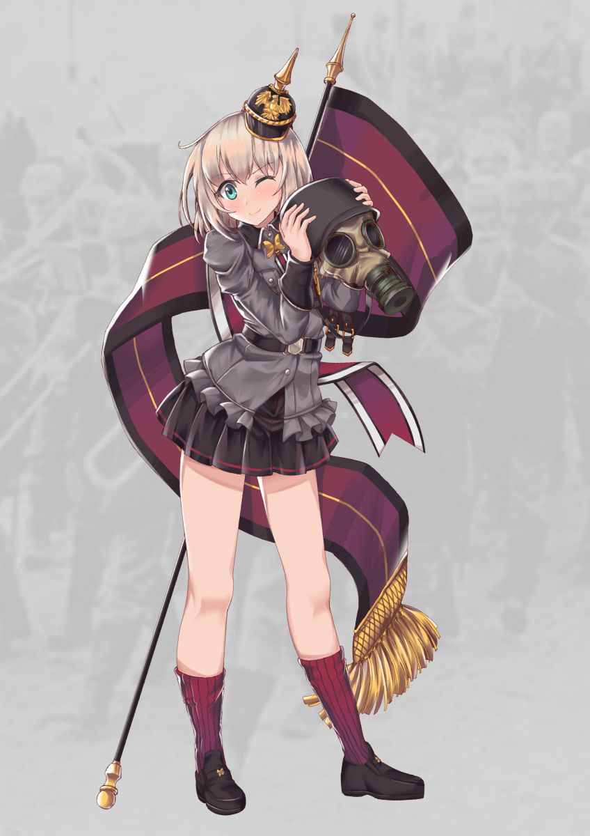 1girl, banner, black_skirt, blonde_hair, c-93_(girls_frontline), full_body, gas_mask, girls_frontline