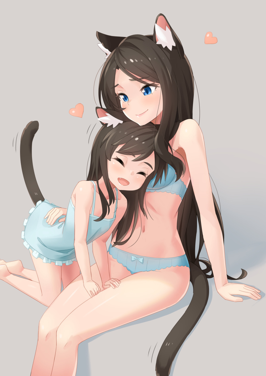 2girls, :d, ^_^, all_fours, animal_ear_fluff, animal_ears, bare_legs, barefoot