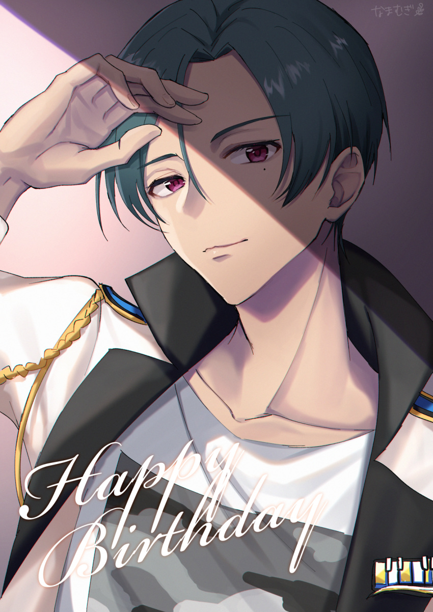 1boy, argonavis_from_bang_dream!, bang_dream!, camouflage, dark_skin, english_text, green_hair, hand_on_head