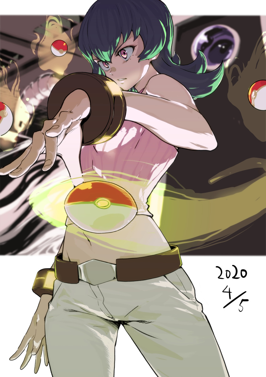 1girl, absurdres, after_(artist), bracelet, breasts, crop_top, dated, gym_leader
