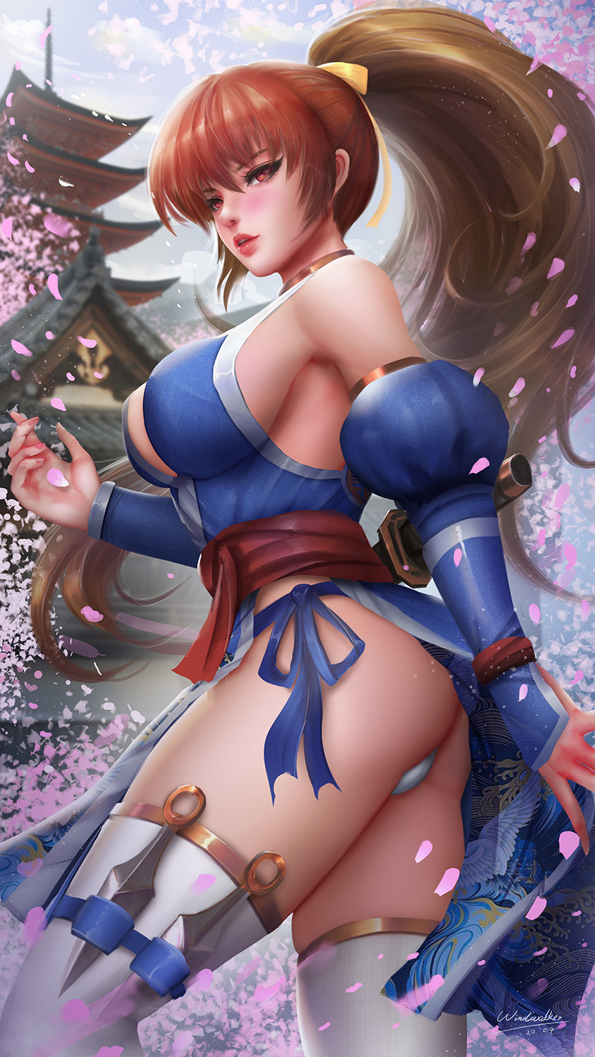 1girl, arm_guards, ass, bangs, bare_shoulders, blue_kimono, blush, breasts