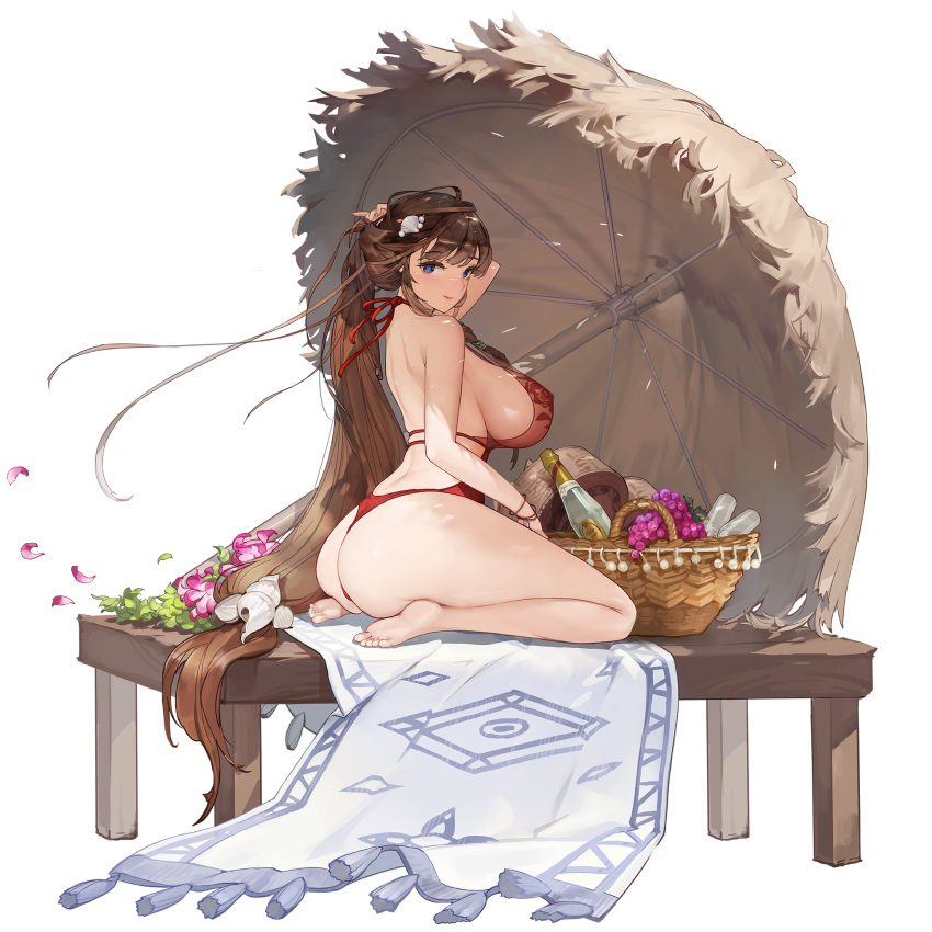 1girl, ass, bare_legs, barefoot, basket, black_background, blue_eyes, bottle