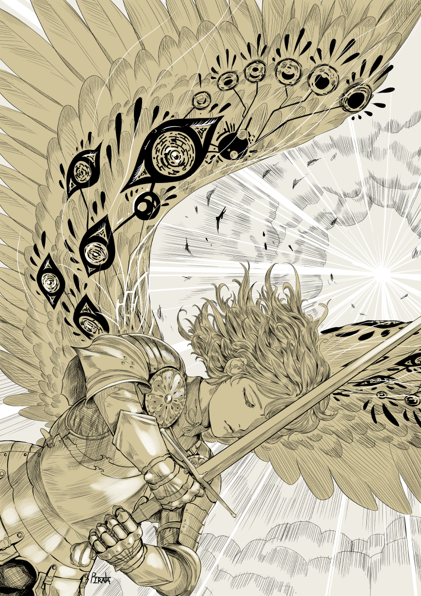 1girl, angel, angel_wings, armor, breastplate, closed_eyes, eye_print, gauntlets
