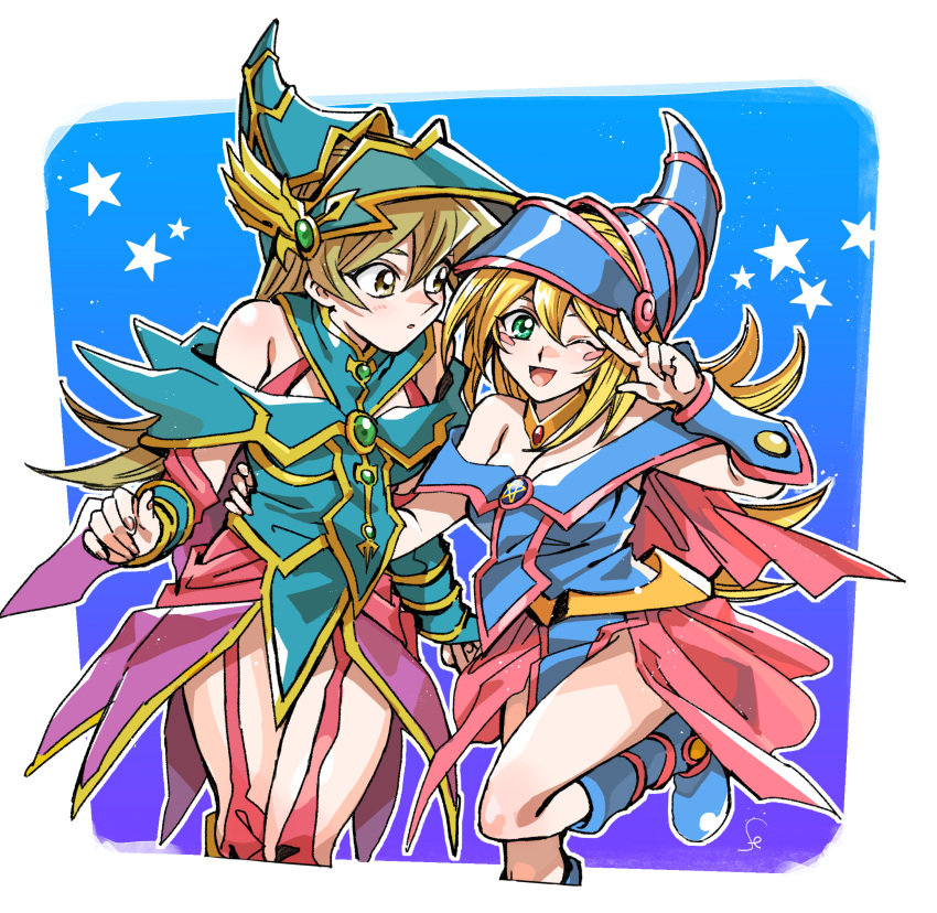 203wolves, 2girls, bangs, bare_shoulders, blonde_hair, blue_background, blush_stickers, boots