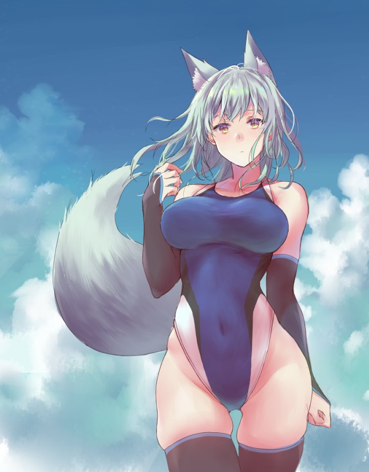 1girl, animal_ear_fluff, animal_ears, black_legwear, blue_sky, blue_swimsuit, breasts, bridal_gauntlets