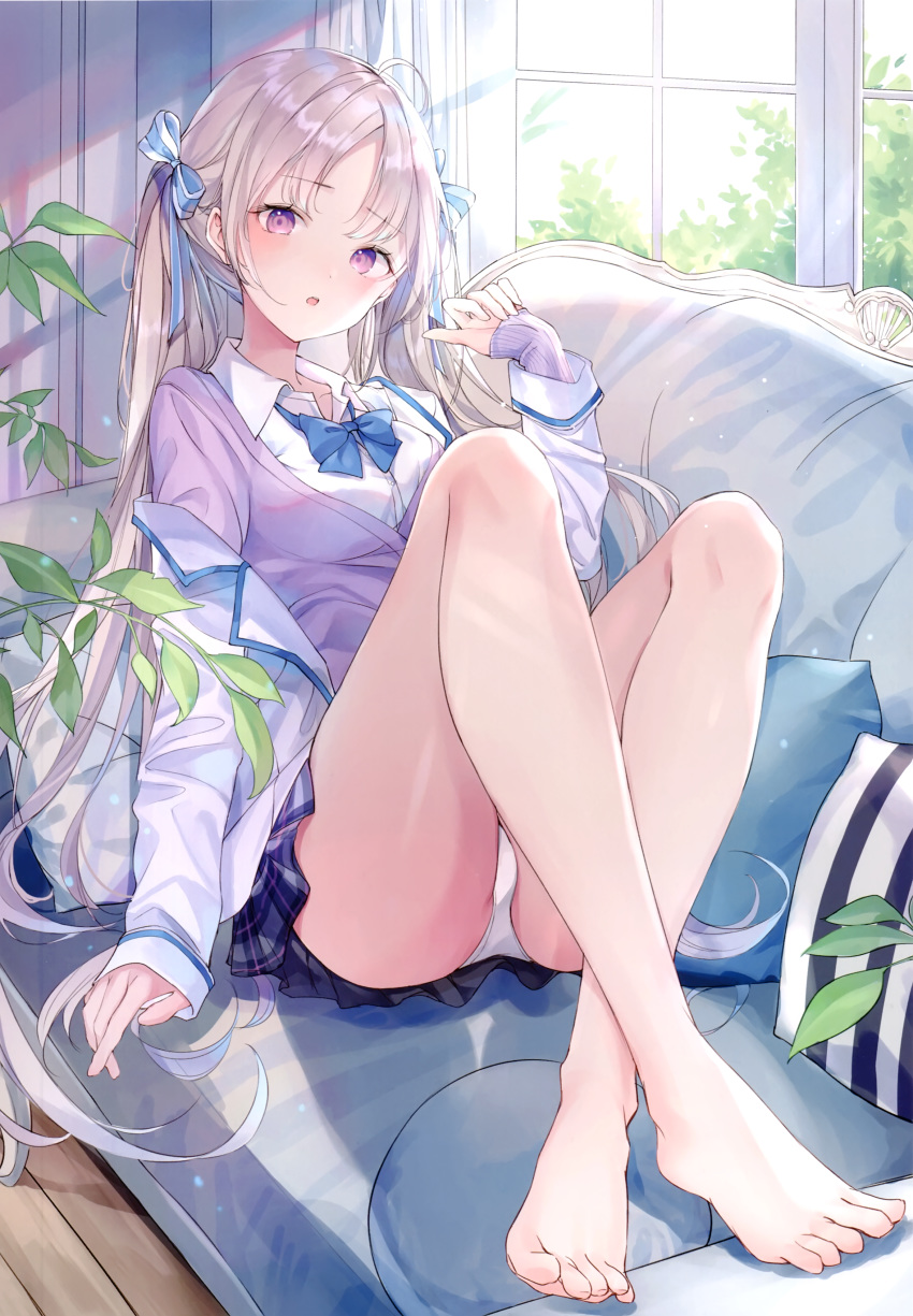 1girl, absurdres, arm_up, bangs, bare_legs, barefoot, black_skirt, blue_bow, bow, brown_hair, collared_shirt, couch, curtains, cushion, eyebrows_visible_through_hair, feet, hair_ribbon, highres, indoors, jacket, leaf, legs, long_hair, nabi_(uz02), open_mouth, original, panties, pantyshot, pantyshot_(sitting), parted_lips, plaid, plaid_skirt, pleated_skirt, purple_cardigan, ribbon, school_uniform, shirt, sitting, skirt, solo, sunlight, toes, twintails, underwear, very_long_hair, violet_eyes, white_jacket, white_panties, white_shirt, window, wooden_floor