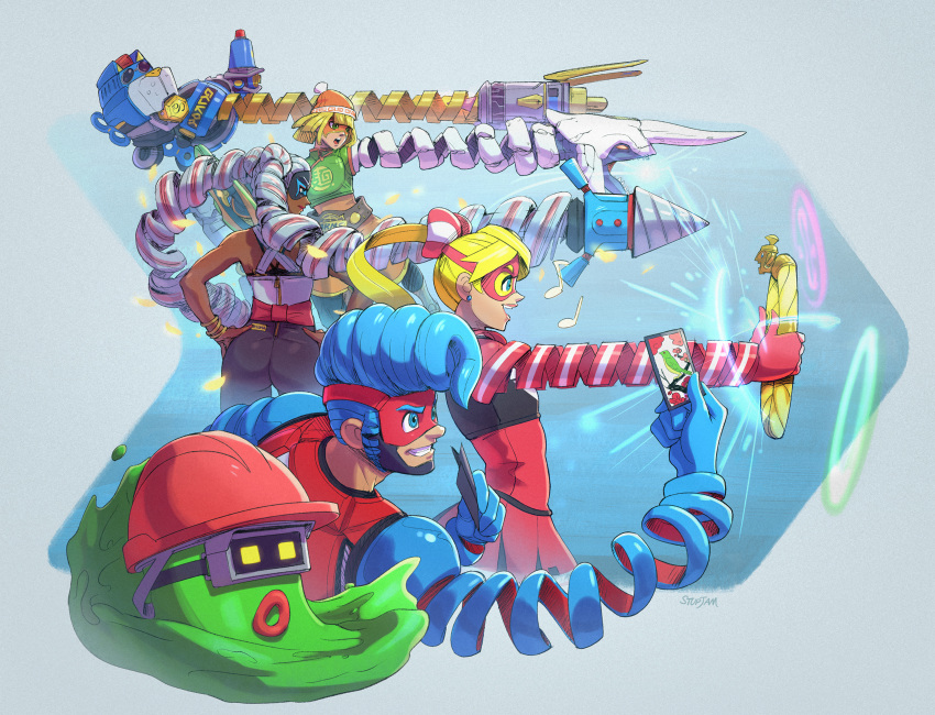 3girls, 4boys, arms_(game), artist_name, ass, barq, beanie, black_pants