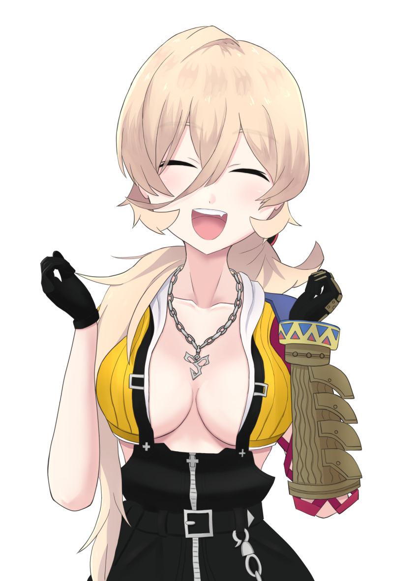 1girl, blonde_hair, closed_eyes, fang, gloves, highres, hirayu721, jewelry, long_hair, necklace, nijisanji, nui_sociere, open_mouth, ponytail, shirt, smile, solo, very_long_hair, white_background, yellow_shirt