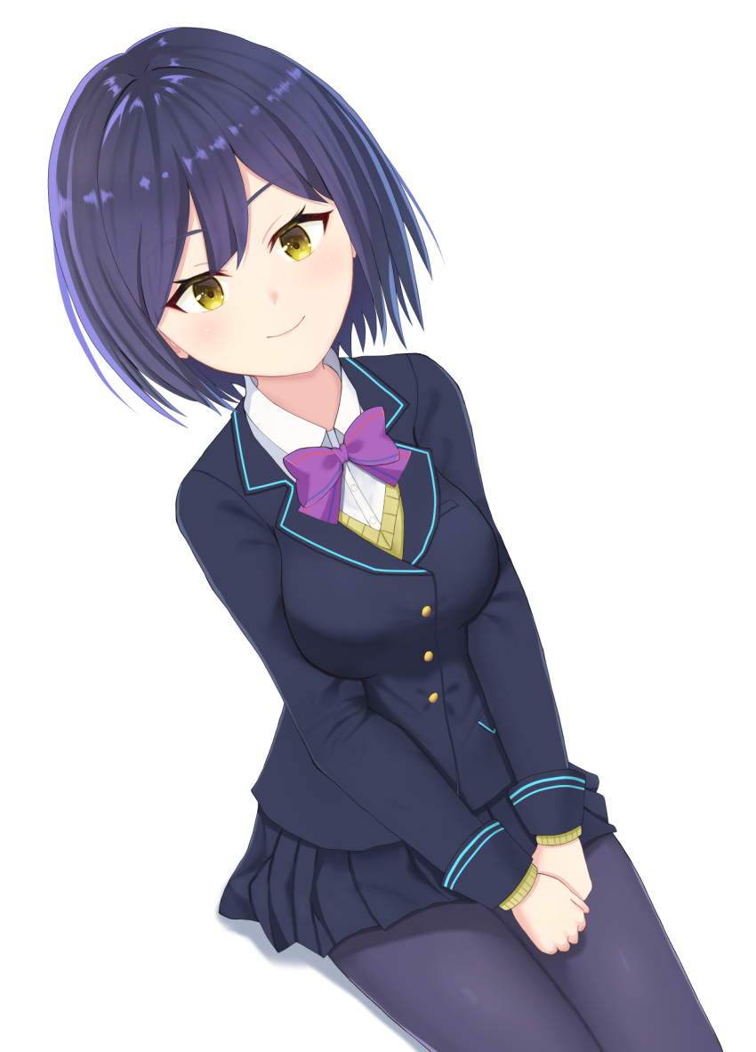 1girl, black_hair, bow, bowtie, closed_mouth, collared_shirt, highres, hirayu721, looking_at_viewer, necktie, nijisanji, pantyhose, school_uniform, shirt, shizuka_rin, short_hair, sitting, smile, solo, white_background, white_shirt, yellow_eyes