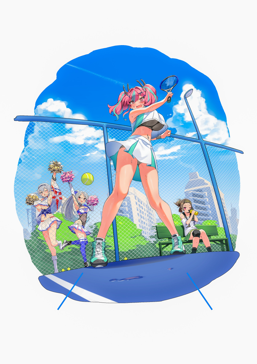 4girls, absurdres, aqua_hair, aqua_skirt, arm_up, armpit_cutout, armpits, azur_lane