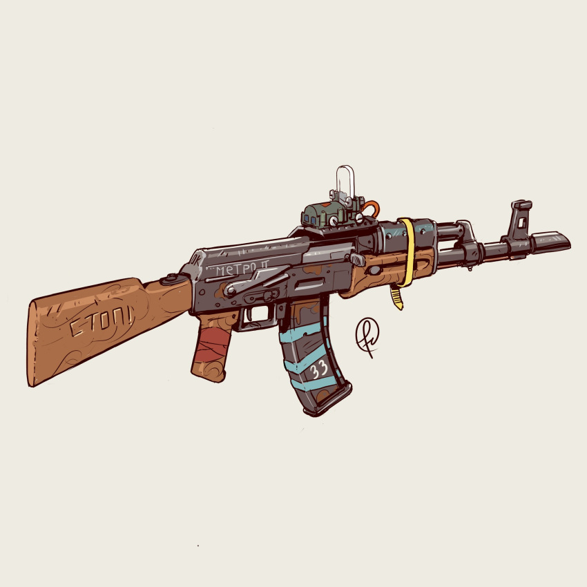 ak-47, assault_rifle, copyright_name, duct_tape, fernando_correa, from_side, grey_background, gun