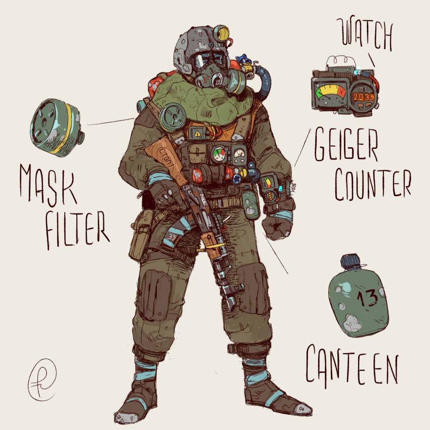 1boy, absurdres, ak-47, armor, assault_rifle, boots, clenched_hand, commentary, duct_tape, english_text, equipment, fernando_correa, filter, flashlight, flask, frown, full_body, gas_mask, geiger_counter, gloves, green_scarf, grey_background, grey_footwear, grey_gloves, grey_jacket, grey_pants, gun, highres, holding, holding_gun, holding_weapon, jacket, long_sleeves, male_focus, mask, metro_2033, military, pants, rifle, russian_text, scarf, signature, simple_background, standing, translated, watch, watch, weapon