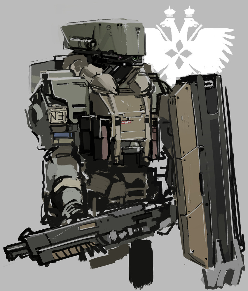 armor, camera, camera_eyes, commentary, cyclops_(girls_frontline), emblem, girls_frontline, grey_background