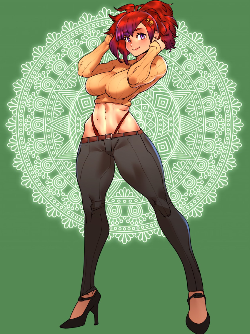 1girl, abs, black_pants, breasts, cheunchin, commentary, commission, cropped_sweater