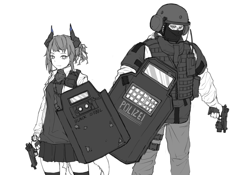 1boy, 1girl, arknights, artist_request, bandana, blitz_(rainbow_six_siege), crossover, dragon_horns