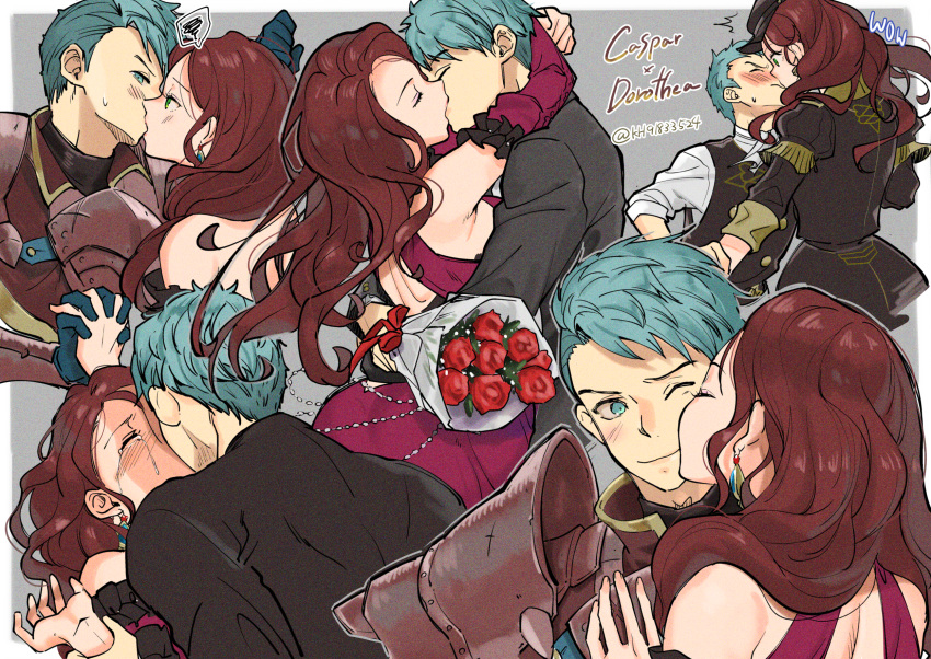 1boy, 1girl, aqua_eyes, aqua_hair, armor, arms_around_neck, backless_dress, backless_outfit, bangs, black_dress, black_headwear, black_vest, blue_gloves, blush, bouquet, breastplate, brown_hair, caspar_von_bergliez, character_name, cheek_kiss, couple, crying, detached_sleeves, dorothea_arnault, dress, earrings, english_text, eyelashes, fire_emblem, fire_emblem:_three_houses, flower, garreg_mach_monastery_uniform, gloves, green_eyes, grey_background, hands_clasped, hat, hetero, highres, holding_hands, hug, jewelry, kiss, long_hair, looking_at_viewer, multiple_views, one_eye_closed, own_hands_together, pink_dress, profile, rose, shirt, short_hair, shoulder_armor, simple_background, smile, spoken_squiggle, squiggle, sweatdrop, swept_bangs, tanakananataka3, tears, upper_body, vambraces, vest, wavy_hair, white_shirt, wrist_grab