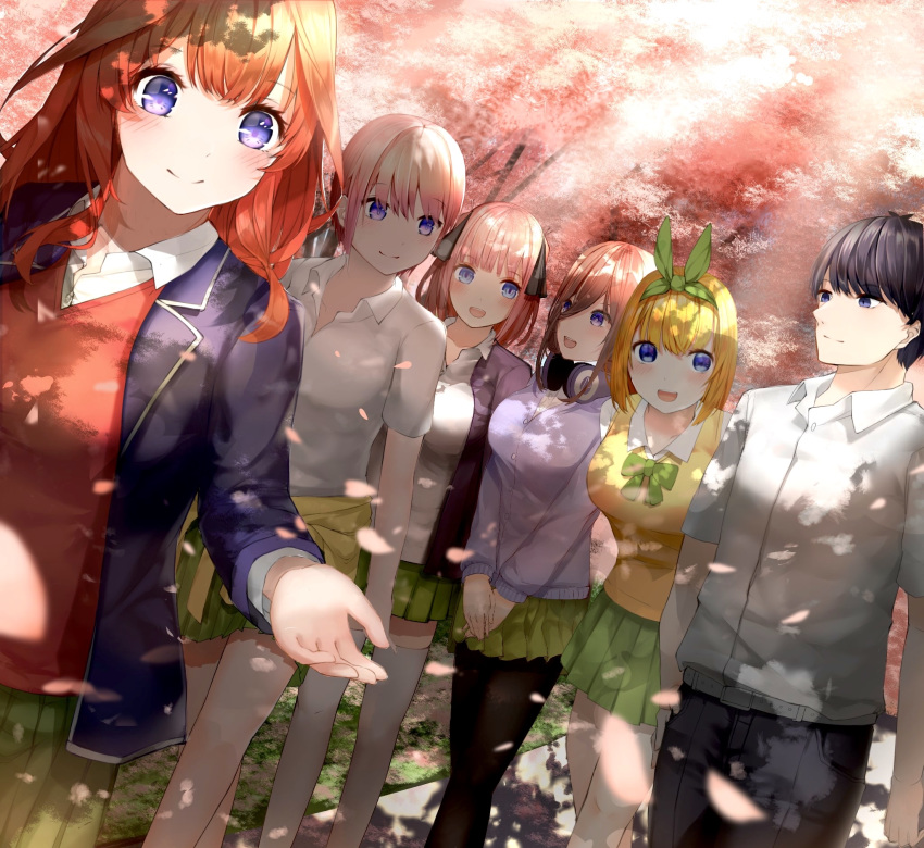 1boy, 5girls, :d, bangs, bare_legs, belt, black_cardigan, black_hair