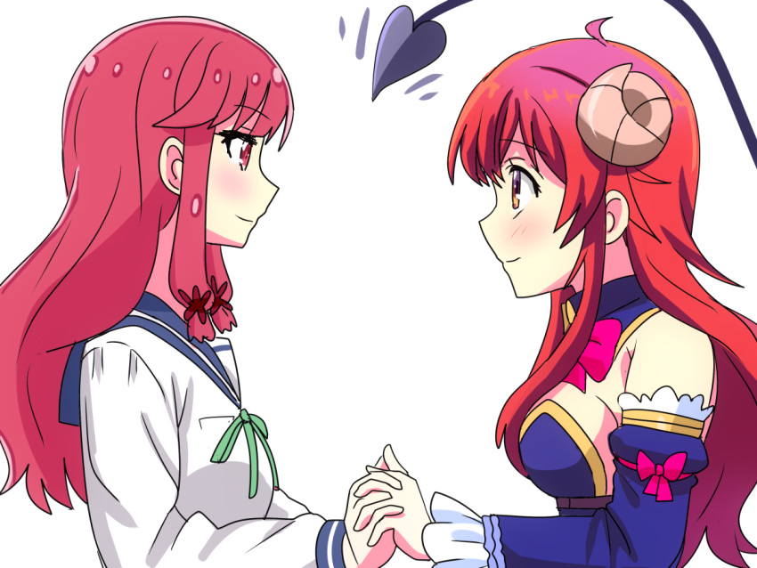 2girls, bangs, demon_girl, demon_horns, demon_tail, hair_ornament, horns, interlocked_fingers