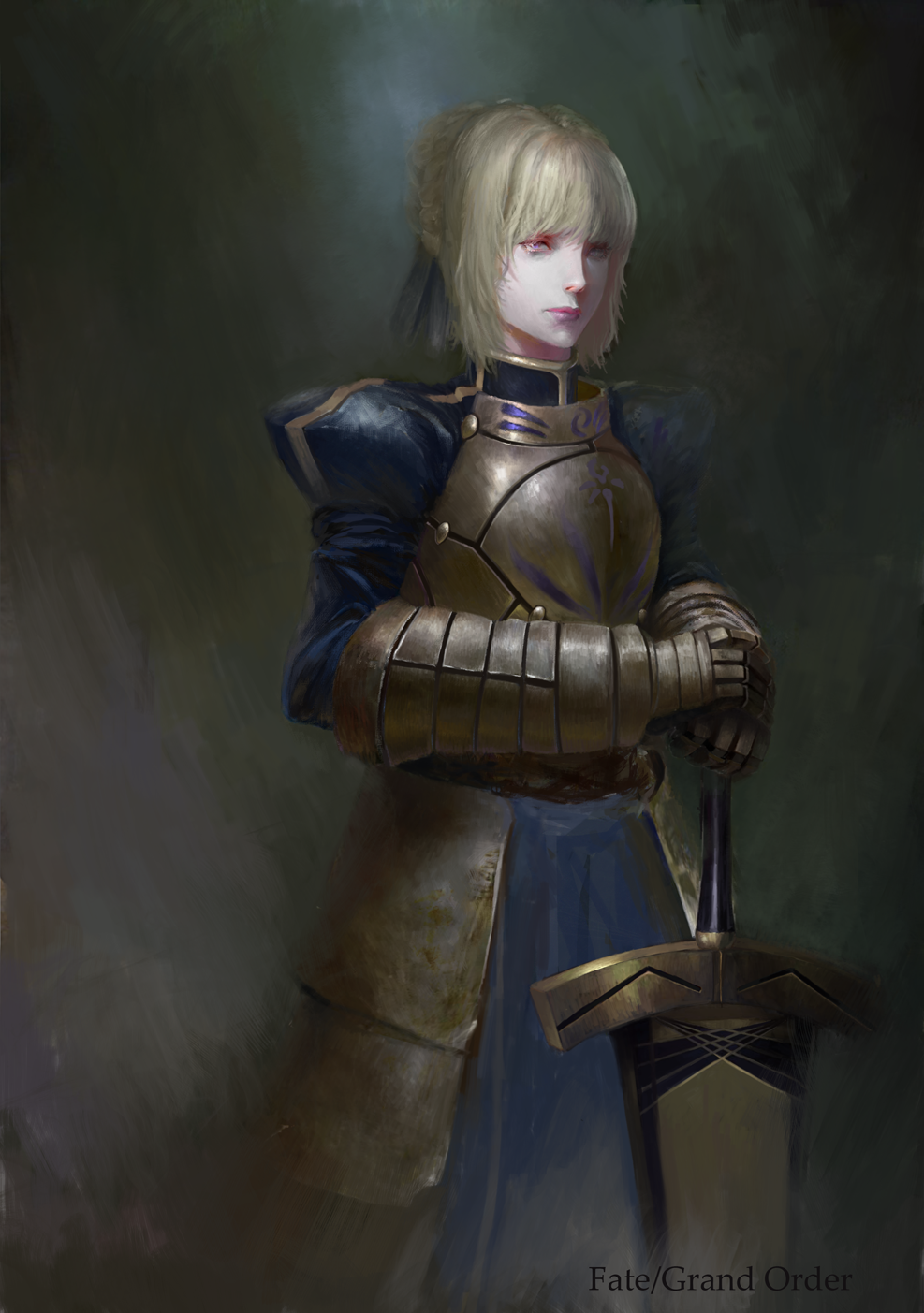 1girl, armor, armored_dress, artoria_pendragon_(all), avalon_(fate/stay_night), blonde_hair, blue_dress, blue_ribbon