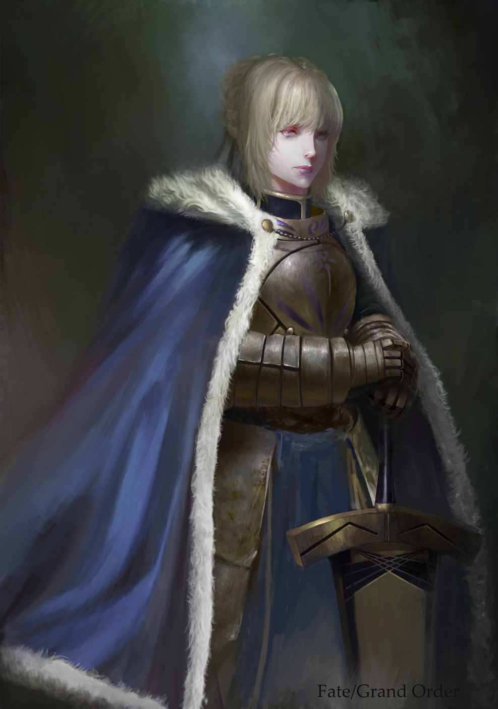 1girl, armor, armored_dress, artoria_pendragon_(all), avalon_(fate/stay_night), blonde_hair, blue_cape, blue_dress, braid, breastplate, cape, capelet, dress, excalibur, fate/grand_order, fate/stay_night, fate_(series), french_braid, fur-trimmed_cape, fur_trim, highres, little_owl, looking_away, painterly, planted_weapon, saber, solo, weapon