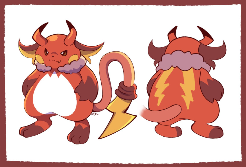 :3, arms_at_sides, artsy-rc, beta_pokemon, border, closed_mouth, commentary, english_commentary, fang, gorochu, highres, looking_at_viewer, no_humans, pokemon, pokemon_(creature), pokemon_(game), pokemon_rgby, pokemon_rgby_beta, prototype, red_border, signature, smile, standing, tsurime